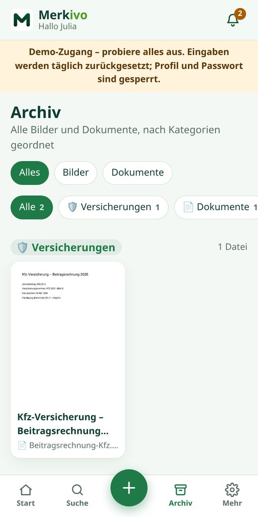 Merkivo-Archiv mit Dokumenten nach Kategorien