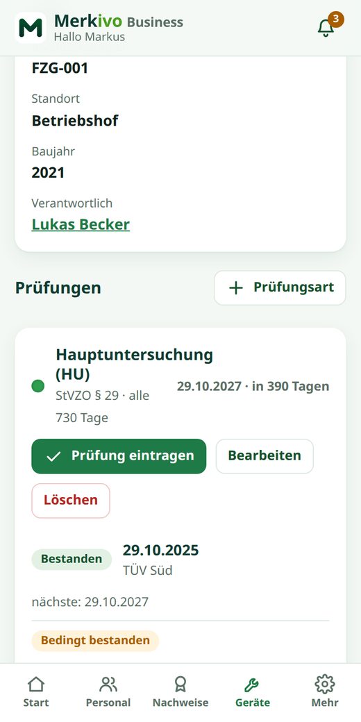 Arbeitsmittel mit Prüfungsarten und Prüfhistorie in Merkivo Business