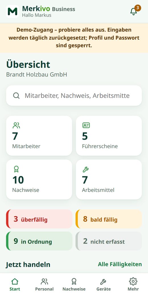 Merkivo Business: Übersicht mit Ampel und fälligen Prüfungen