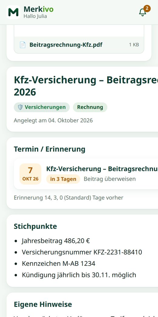 Eintrag in Merkivo mit Termin, Stichpunkten und Hinweisen