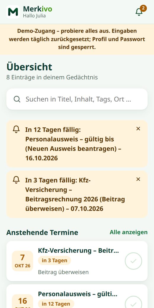 Merkivo-Übersicht mit Suche, Erinnerungen und anstehenden Terminen