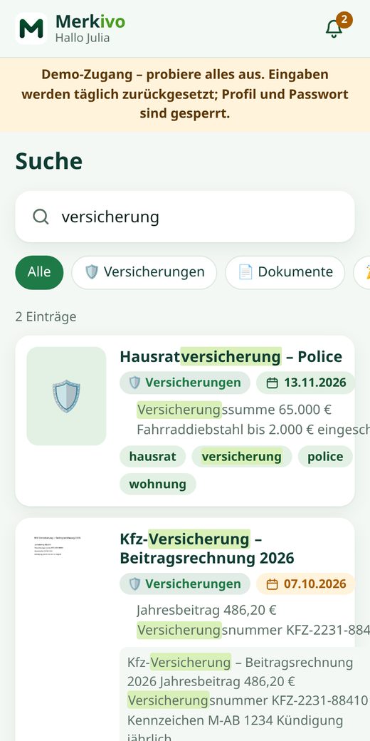 Suche in Merkivo mit farbig markierten Treffern