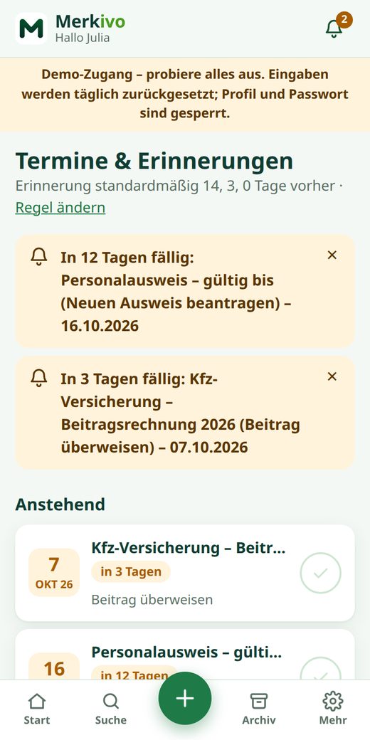 Termine und Erinnerungen in Merkivo